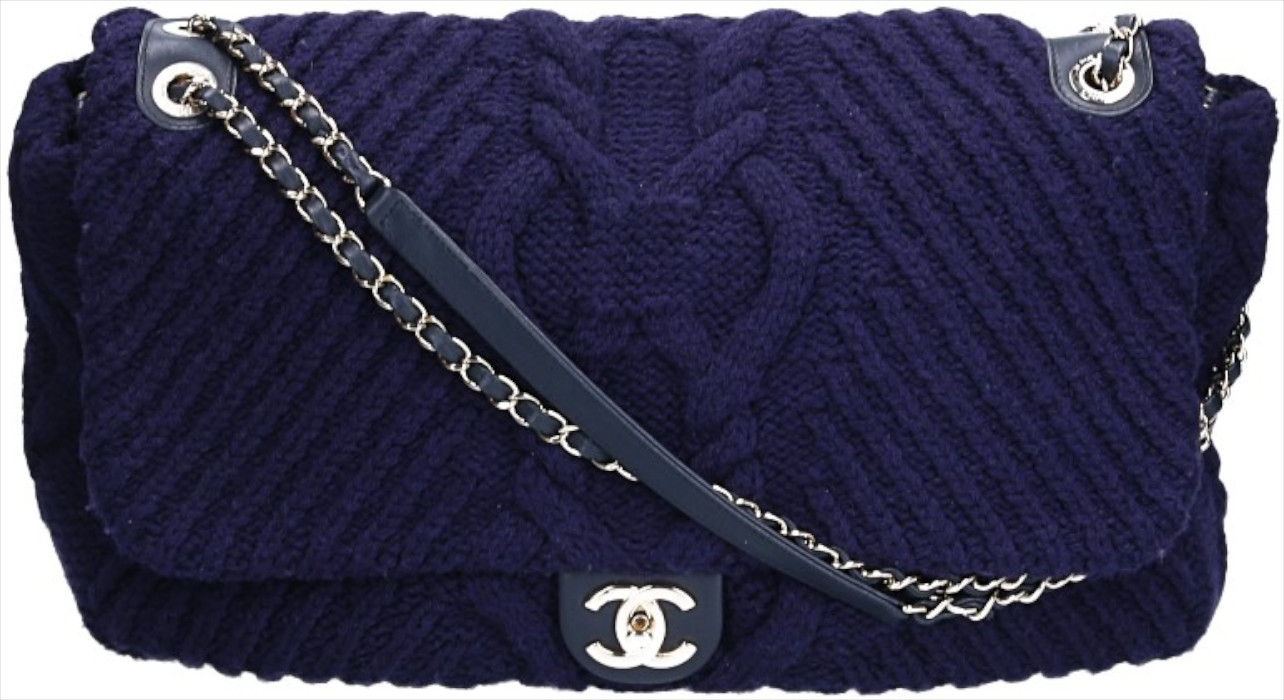 CHANEL TIMELESS SINGLE FLAP HANDTASCHE STRICK IN DUNKEL-BLAU MIT GHW