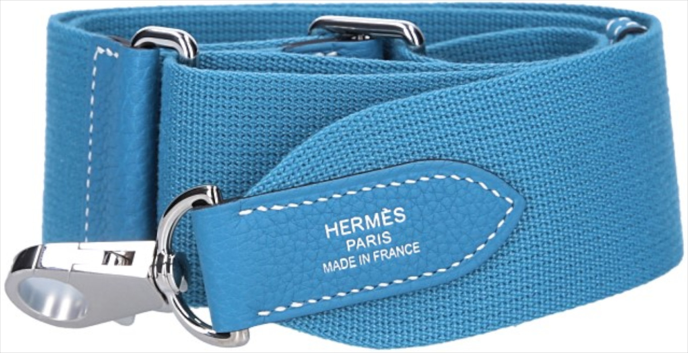 HERMÈS VERSTELLBARER SCHULTERRIEMEN AUS LEDER UND TEXTIL IN NOUVEAU BLEU JEAN MIT PHW